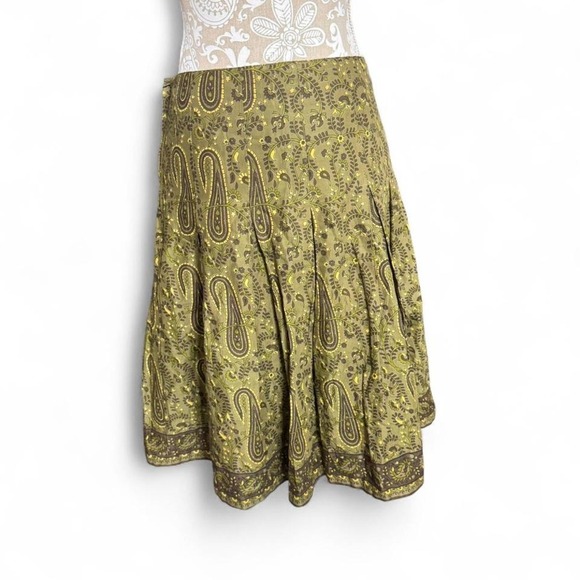 H&M Women's Skirt Size 6 Green Paisley Print Pleated Boho Cotton Blend Lined - Picture 3 of 7